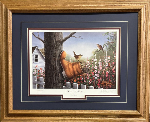 Les Kouba Framed Bird and Flower SN Art Print Home in a Boot 21 x 17
