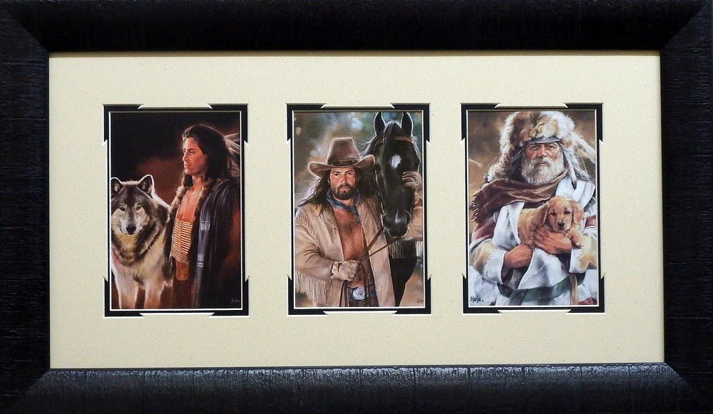 Maija Distant Eyes Mountain Man Native American Framed Trilogy 24"x14"