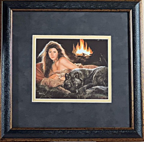 Maija Evening Glow Native American Maiden and wolf Framed print 13 x 13