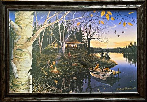 Mark Daehlin Fall Cabin fishing Art Print Closing Time Framed 33"x23"