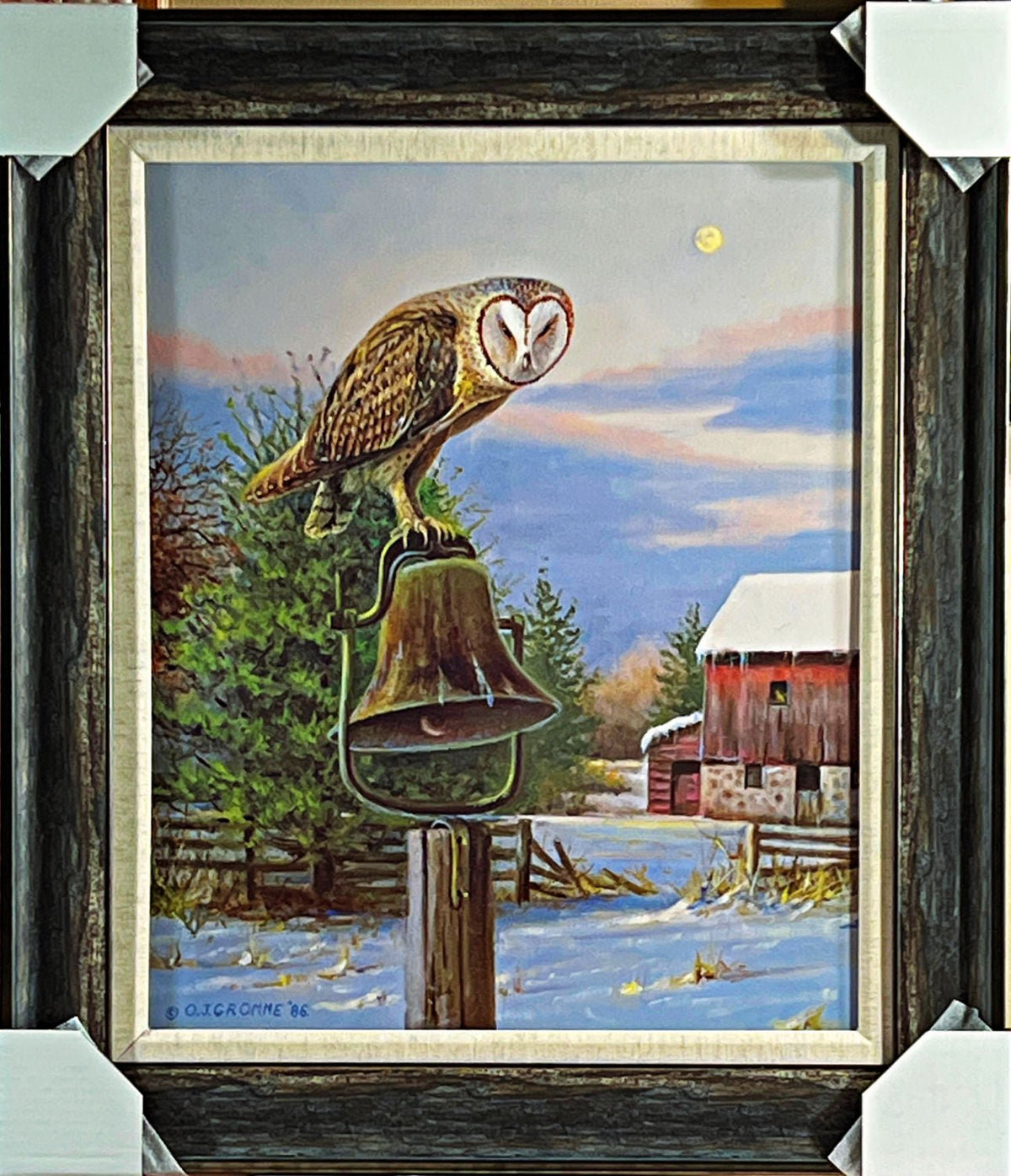 Owen Gromme Barn Owl on Bell Art Print Framed