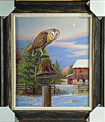 Owen Gromme Barn Owl on Bell Art Print Framed