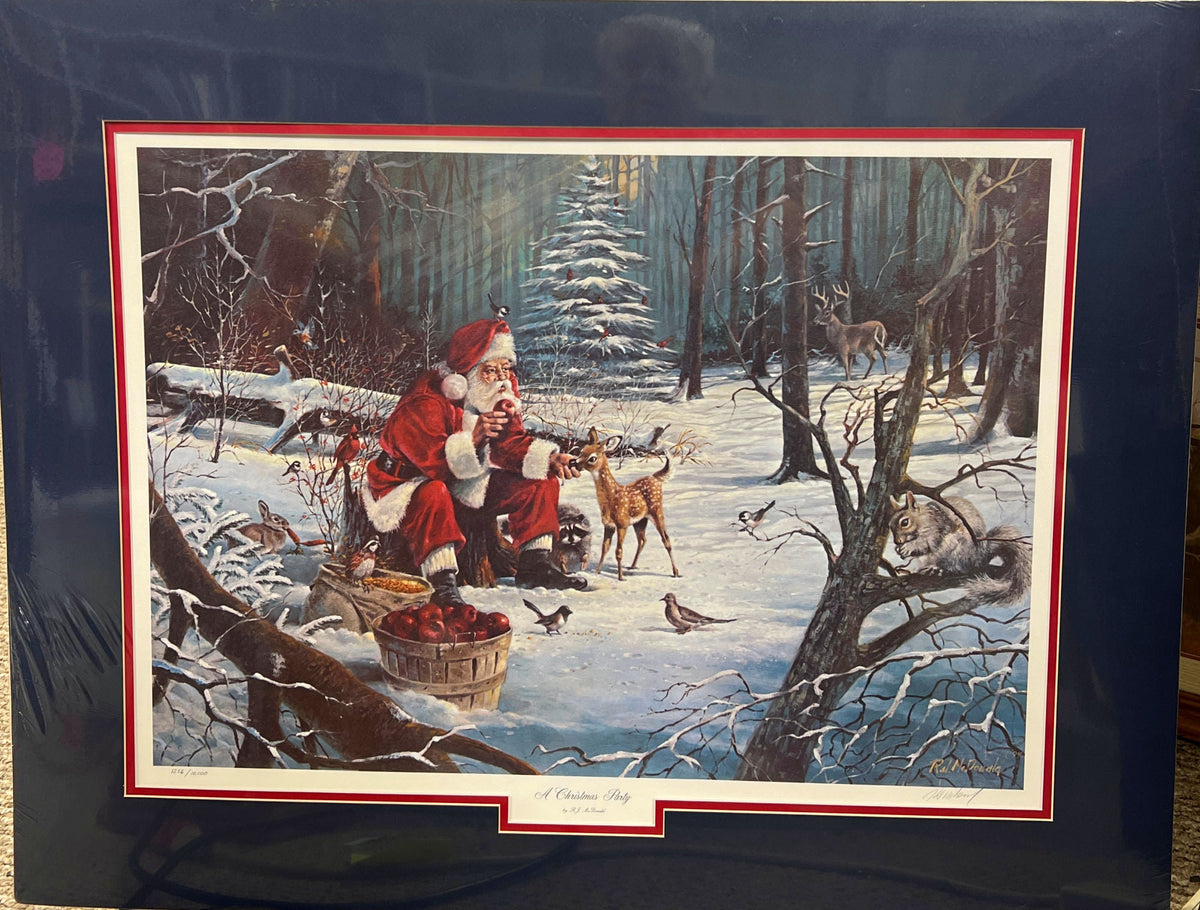 R.J. McDonald A Christmas Party S/N Santa Claus Deer Birds Art Print-Matted