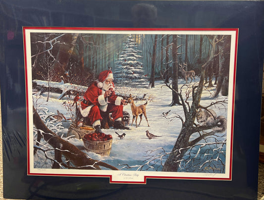 R.J. McDonald A Christmas Party S/N Santa Claus Deer Birds Art Print-Matted