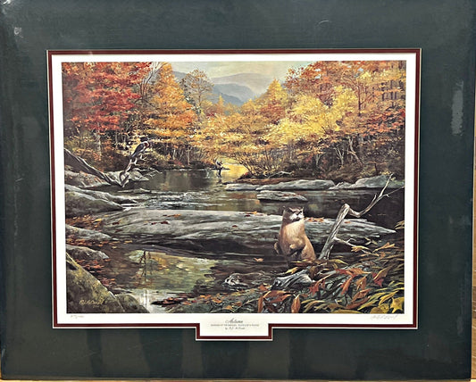 R.J. McDonald Autumn Fly Fishing Animal Art print Matted 28 x 23