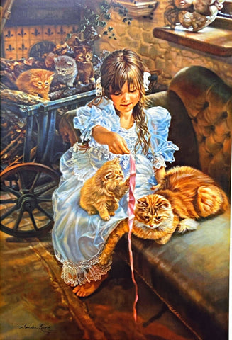 Sandra Kuck Girl with Cats Children Art Print Playful Kitten 17.25"x26"
