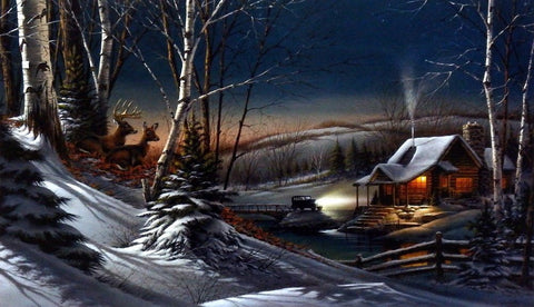 Terry Redlin Evening With Friends - 24" x 14" Open Edition Elite Deer Cabin Art Print