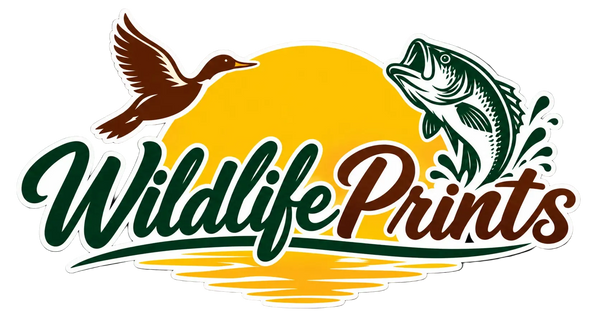 A graphic logo for 'Wildlife Prints' featuring a brown duck flying left, a green and white fish jumping right, and stylized script text over a yellow sun and water design on a black background.