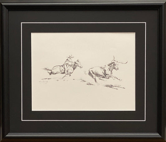 Will James Cowboy roping a Longhorn Black and White Art Print-Framed 20 x17