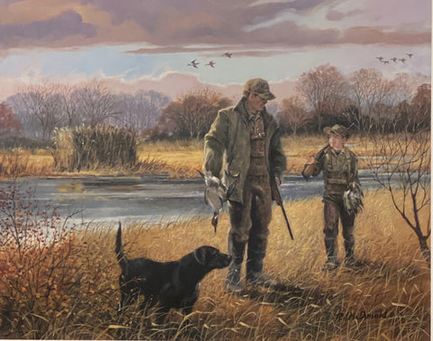 R.J. McDonald Just Us  Boy/Dad Black lab Duck Hunting Art Print 22.5 x 18
