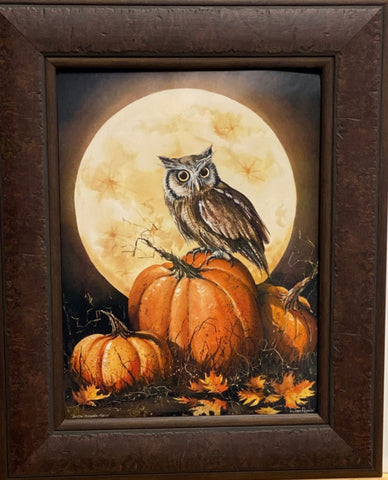 John Rossini In the Pumpkin Patch Owl Farm Night Moon Art Print-Framed 17.5 x 21.5