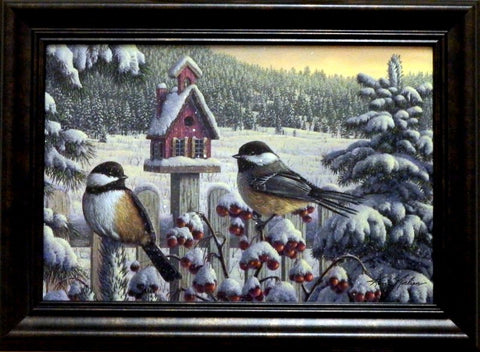 Kim Norlien Winter Chickadees-Framed-Glittered
