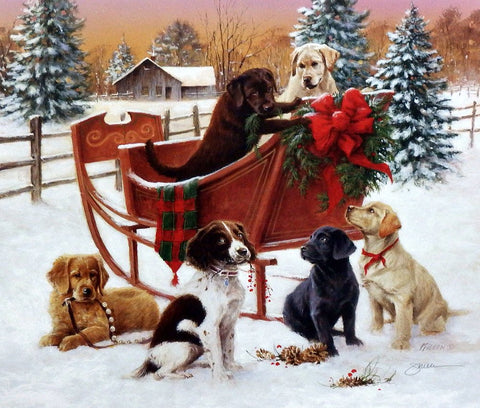 James Killen Christmas Sleigh Puppy Print-Signed 16.5 x 14