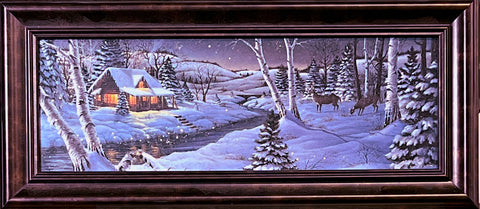 Mark Daehlin A WInter's Night Deer Cabin Glittered Art Print-Framed 17 x 8