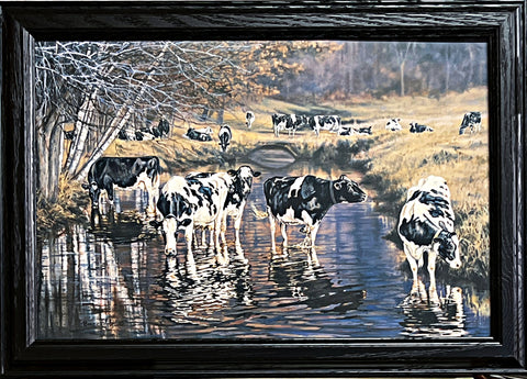 Bonnie Mohr Fall Reflections Holstein Cows in River Art Print Framed 21 x 14.5