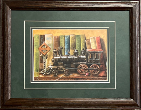 Doug Knutson Trains and Bookshelf Art Print-Signed Framed 19 x 15