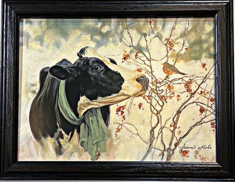 Bonnie Mohr Framed Cow/Bird Art Print The Winter Robin 18.5 x 14.5