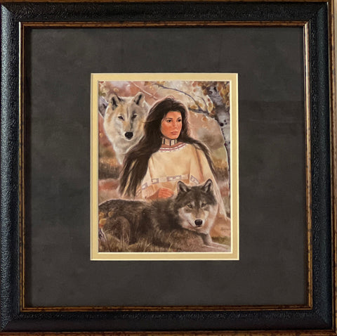 Maija Aspen Shadows Wolves and Native American Wolf Maiden Art Print Framed