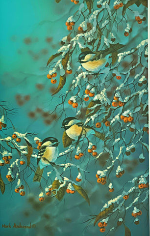 Mark Anderson Winter Trio Chickadee S/N Art Print 10 x 16