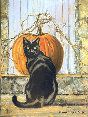 Bonnie Mohr Black Cat Pumkin PAPER Art  12 x 9