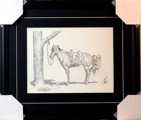 Will James Getting on the Hard way Boy Horse Pencil Art Print-Framed 19.5 x 16.5