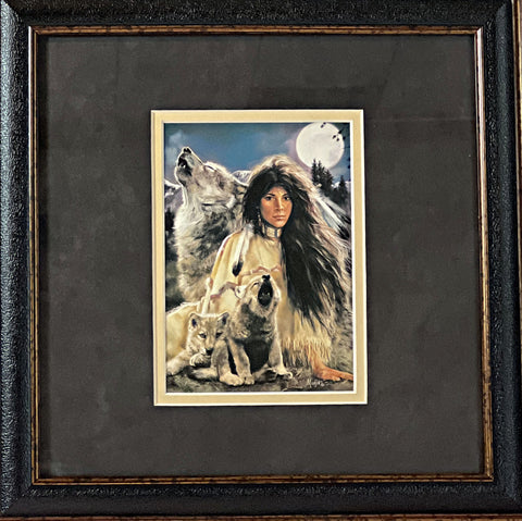 Maija Blue Moon wolve and Pups and Native American Maiden Art Print-Framed 13 x 13
