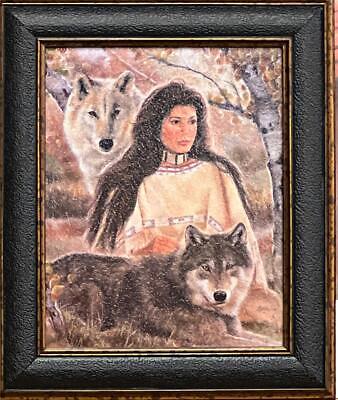 Maija Native American Maiden with Wolf  Aspen Shadows Art Print Framed 8 x 9