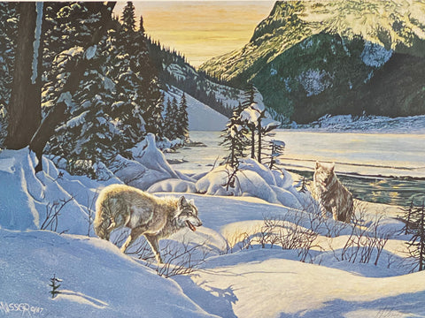 Marten Visser Northern Sunset Timber Wolves Mountain S/N Art Print (26.5x19.5)