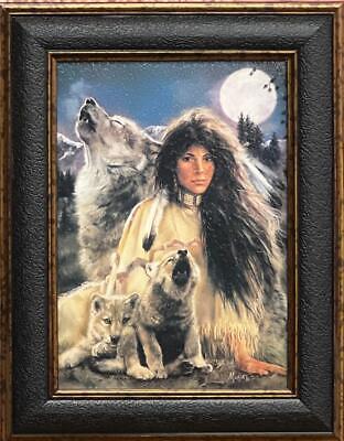 Maija Native American Maiden and wolves Blue Moon-Framed 7 x 9