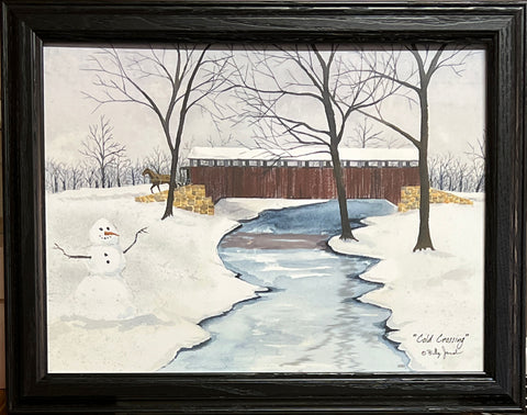 Billy Jacobs Cold Crossing Snowman Bridge Art Print-Framed 18.5 x 14.5