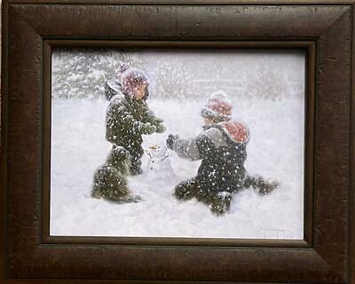 Robert Duncan The first Snowman Children Snow Storm Art Print-Framed