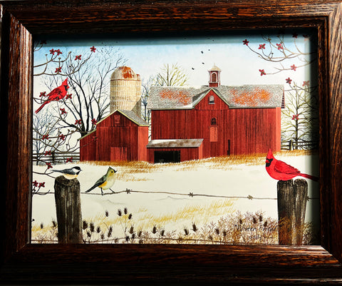 Billy Jacobs Winter Friends Cardinal Farm Framed Decorator (Wood) Art Print 14.5 x 11.5