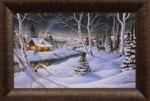 Mark Daehlin A Winters Night Deer Cabin Art Print-Framed 19 x 13