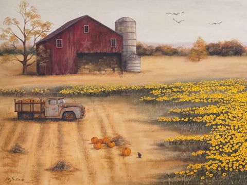 Pam Britton Barn and Sunflowers II Country Art Print 16 x 12