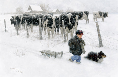 Robert Duncan Curious Onlookers Dog Cow Boy Art Print  16 x 12