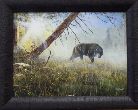 Jim Hansel's print EYES IN THE MIST wolf stalking through the forest 