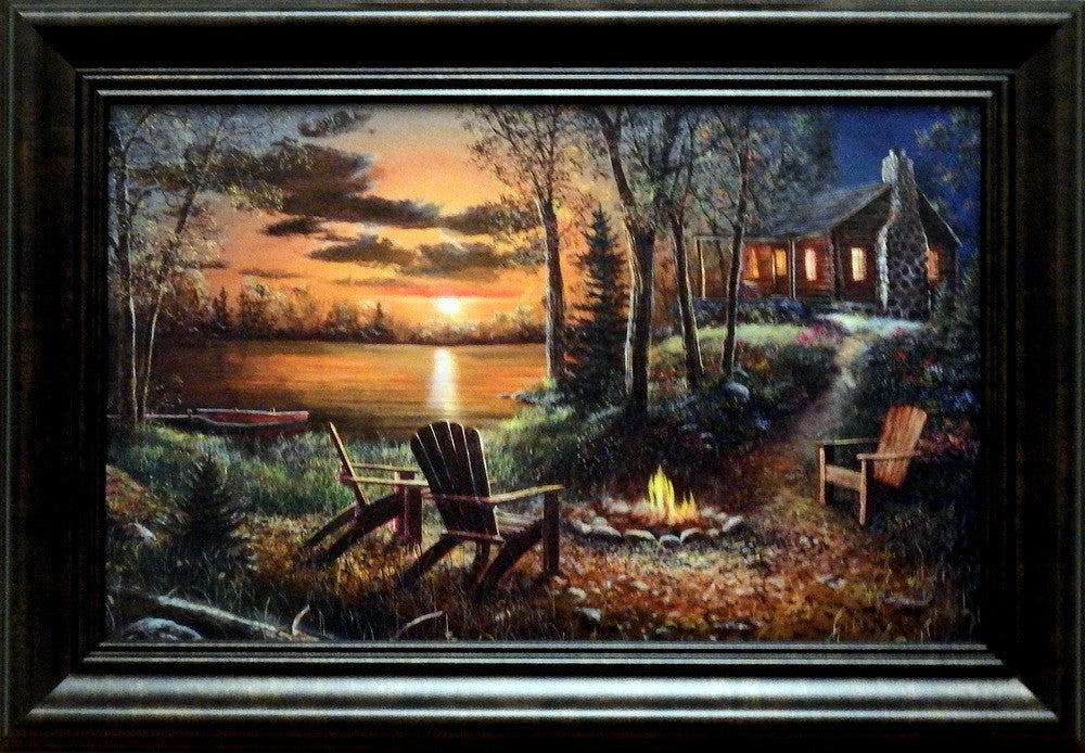 Jim Hansel Fireside Campfire Cabin Art Print Framed Decorator 14.5x10.25