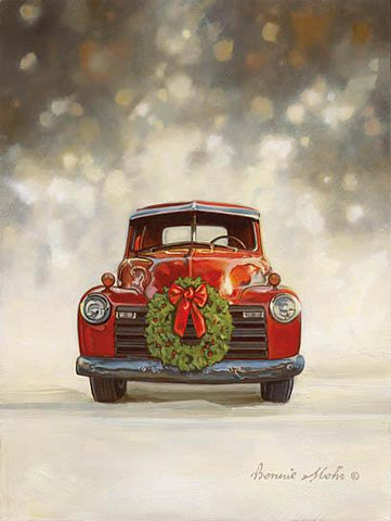 Bonnie Mohr Dazzling Red Old Truck Wreath Christmas Art Print