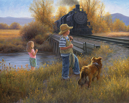 Robert Duncan Fishin' at the Bridge Steam Engine Train Art Print  22.5 x 18.5