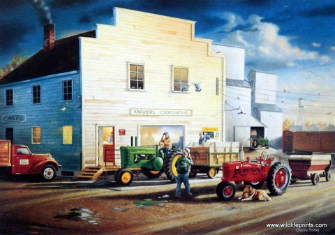 Picture of local coop with John Deere and Farmall Tractors outside