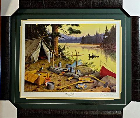 Les Kouba Camp Visitors S/N Camping Loon Canoe Art Print-Framed