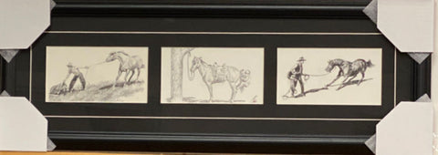 Will James Rough Ride Ahead Pencil Sketch Western Trilogy Art Print-Framed 28 x 10
