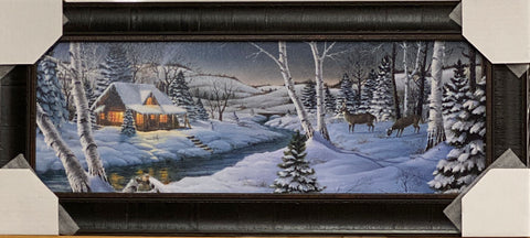 Mark Daehlin A Winter's Night Framed Deer Cabin Art Print-28 x 12.5