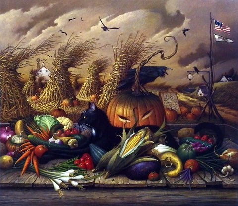 Charles Wysocki Picture Black Cat at Halloween