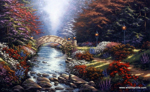 Landscape floral art print with stone bridge