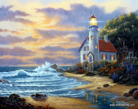 A lighthouse and stone cottage guard a peaceful cove