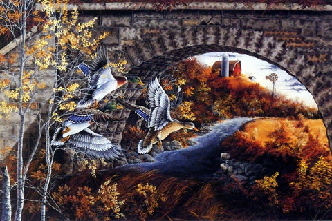 Donald Blakney Print Mallard Ducks Landing Near Stone Bridge