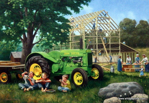 Old-fashioned barn raising with John Deere tractor picture