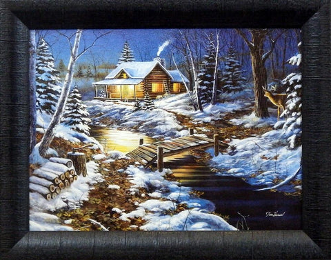 Jim Hansel Woodland Retreat Cabin Winter Stream Art Print-Framed