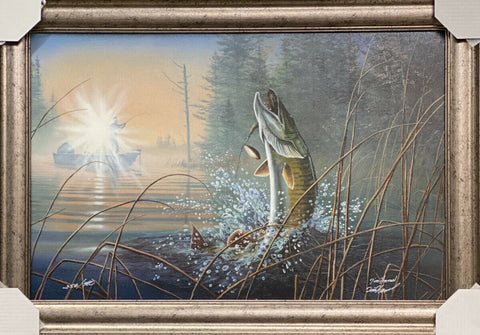 Waking the Giant Fishing Musky By Jim Hansel S/N Art Print-Framed 33.5 x 23.5